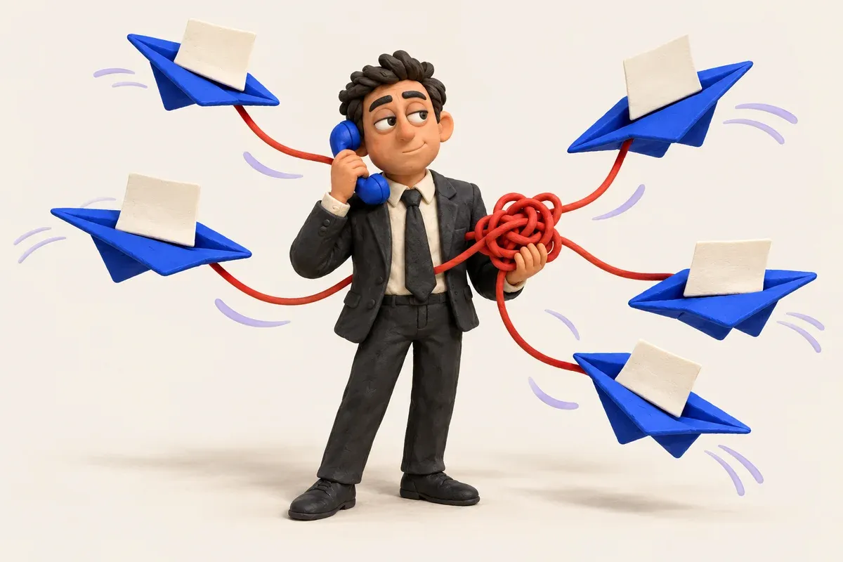 A capable clay Chief of Staff receives a swarm of memo paper planes while holding an unresolved red knot.