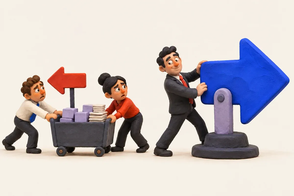 A leader turns a large arrow right while colleagues move a work cart left, following the earlier direction.