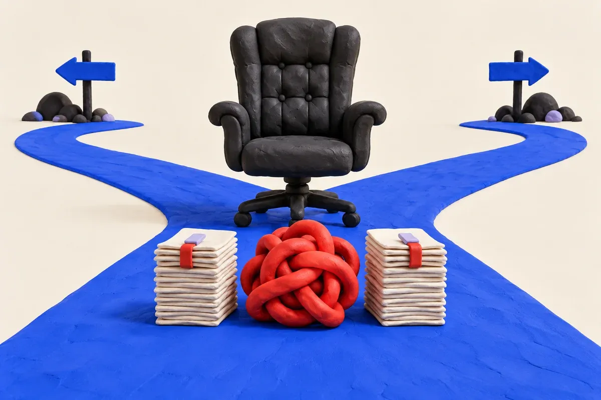 A red knot and document stacks wait in front of an empty executive chair at a fork in two paths.