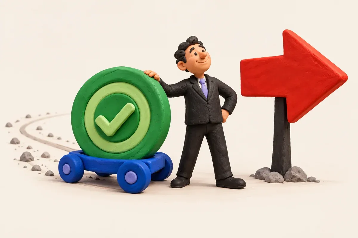 A worker stands beside a green target on wheels pointing away from the new direction.