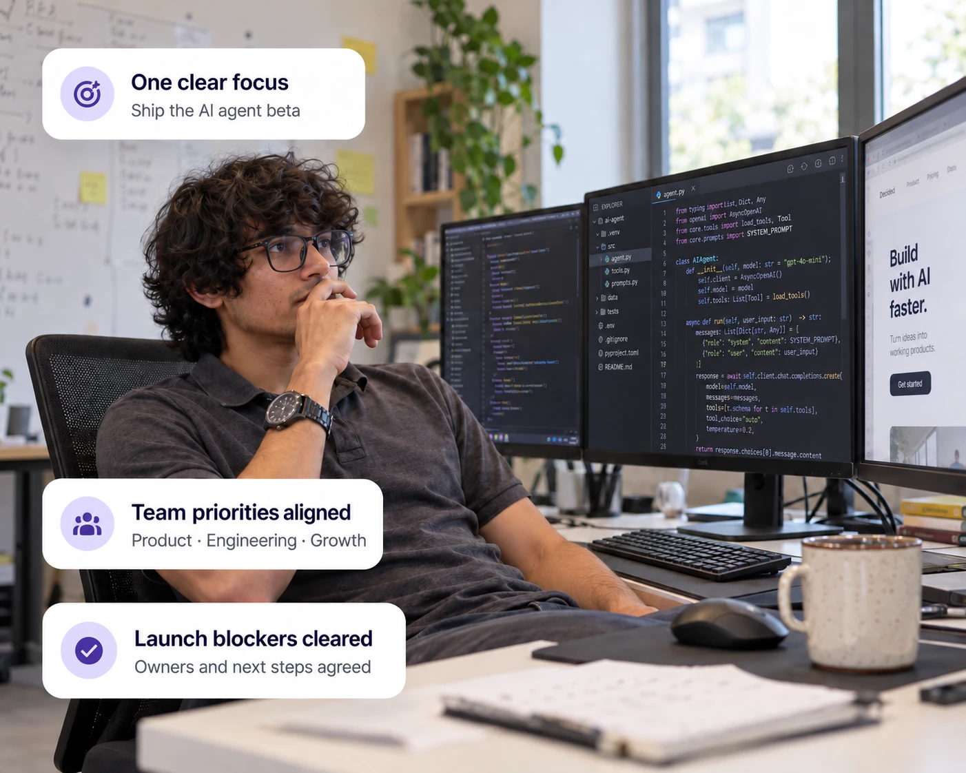An engineer thinking at a desk with code on the screens, with Decided cards showing one clear focus, team priorities aligned and launch blockers cleared