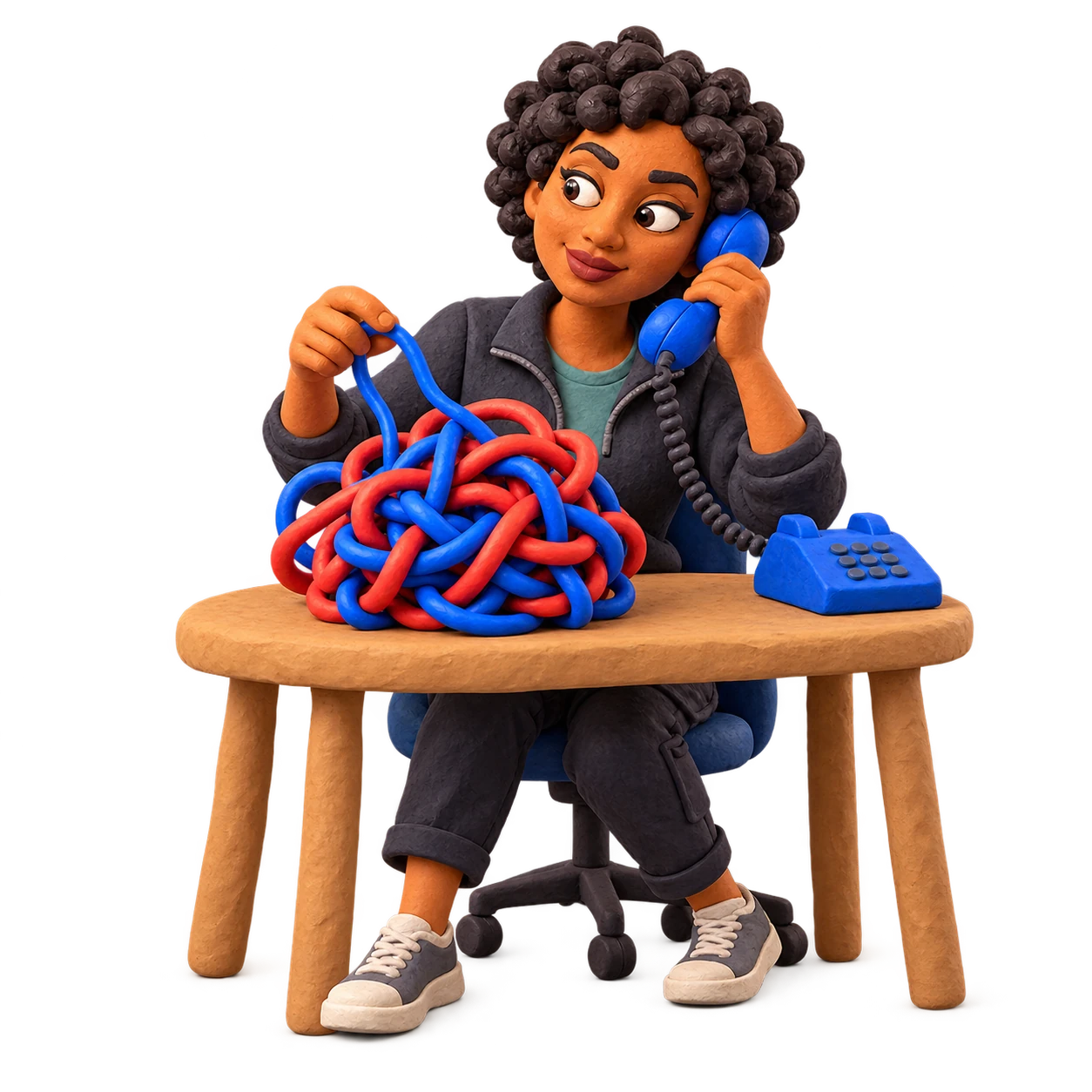 Clara untangles red and blue cords while talking on the phone.