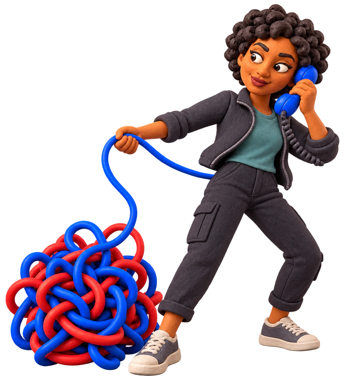 Jillian listens on her blue phone while pulling a blue cord out of an enormous knot.